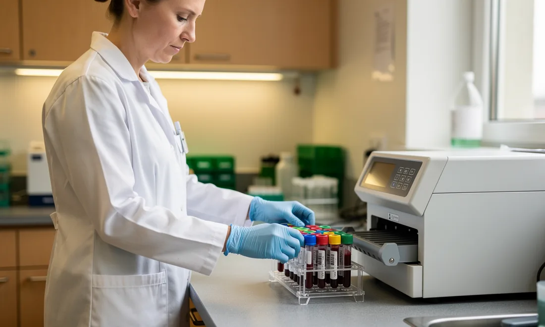 A laboratory technician places a rack of blood samples beside an analytical instrument