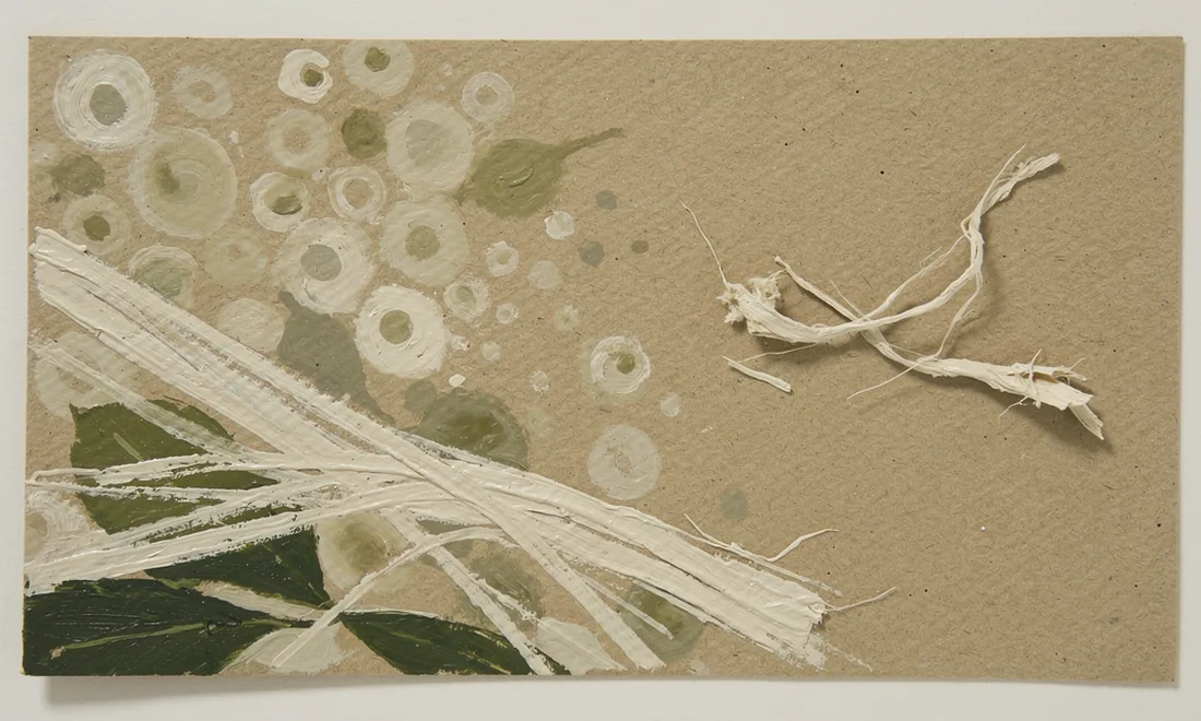 A painted close view of pale collagen bundles separating into smaller fibres