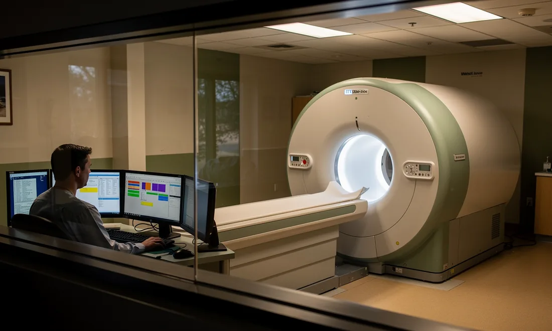 An adult technician sits behind control-room glass facing an empty MRI scanner