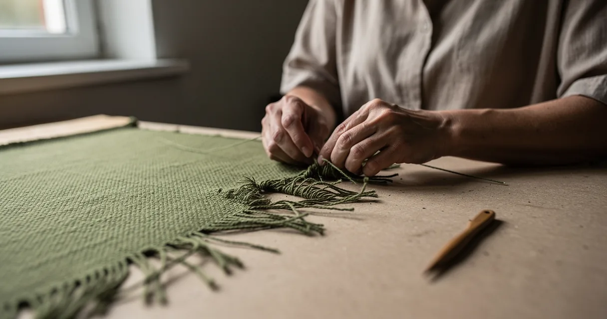 An adult mends a green woven cloth using thread recovered from its frayed edge